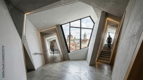 Modern Geometric Interior with City View and People