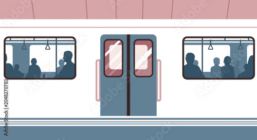 Commuters inside subway train, public transport, urban travel, illustration