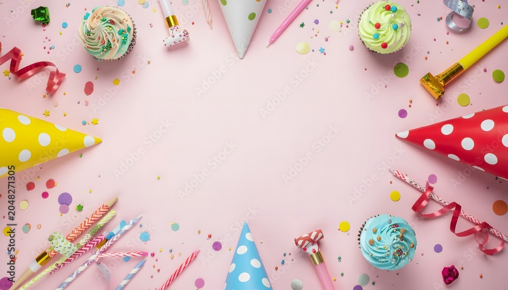 Fototapeta premium A festive overhead view of a pink background adorned with colorful birthday party elements, including hats, cupcakes, confetti, and streamers, creating a celebratory atmosphere.