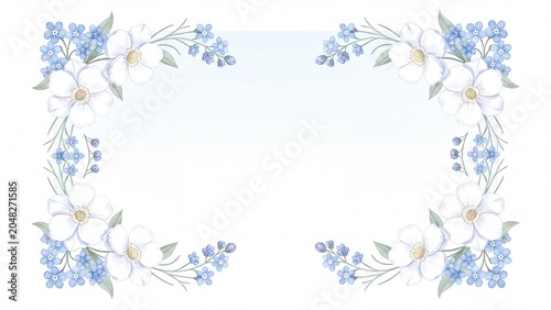 Watercolor floral frame with blue forget-me-nots and white flowers