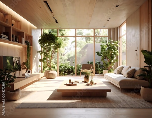 A serene living room with a harmonious blend of natural light and lush greenery (3)