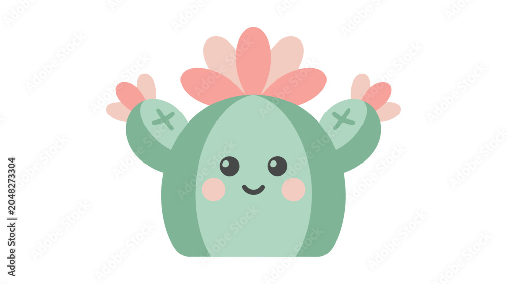 Fototapeta premium Cute blooming cactus cartoon vector illustration, funny smiling succulent character with pink flower isolated on white background