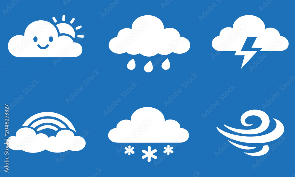 Fototapeta premium Simple Weather Forecast Icons Set Sun Rain Thunder Rainbow Snow Wind Vector