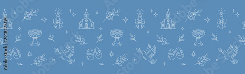 Quadro em tela Baptism horizontal border with church, baptismal font, baby shoes and dove