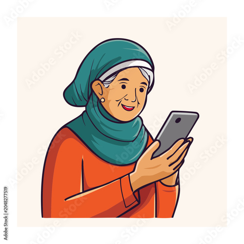 Elderly woman in hijab using a smartphone