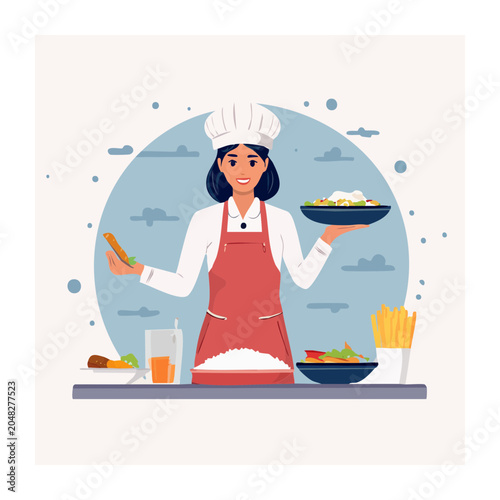 Female chef holding plates of food in a kitchen