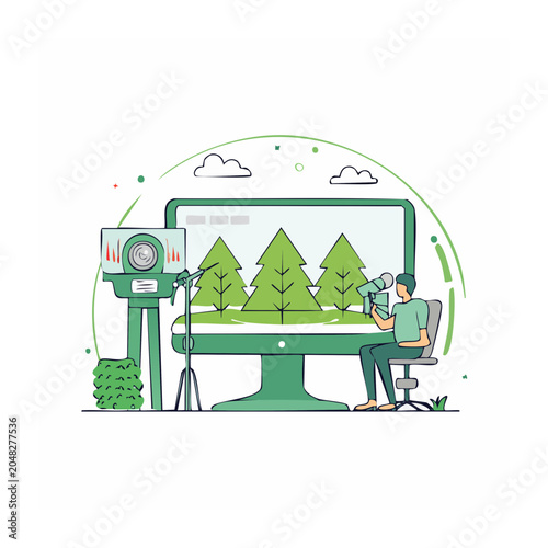 Filmmaking concept with person, camera, and computer screen