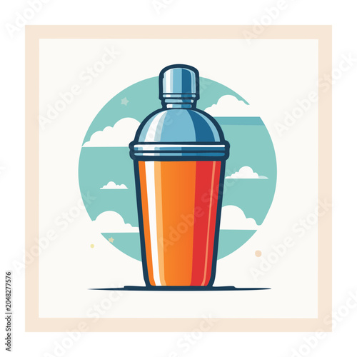 Flat design illustration of a cocktail shaker with a sky background