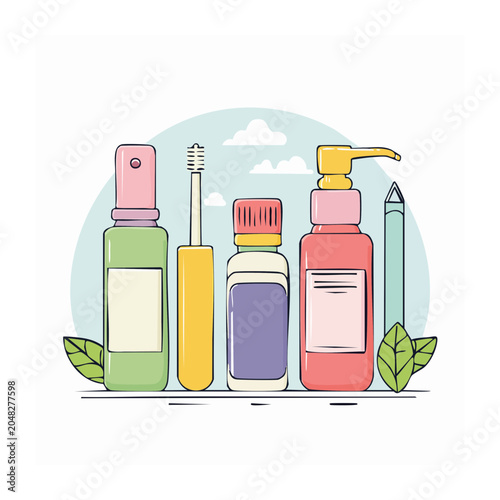 Flat design illustration of cosmetic products and makeup items