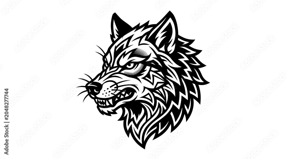 Fototapeta premium Aggressive Wolf Head Emblem, Tribal Tattoo Style, Black and White