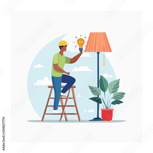 Man changing a light bulb on a ladder