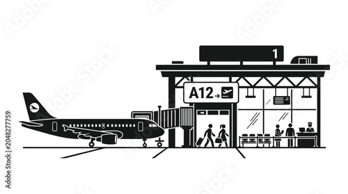Photos Airplane at Airport Terminal Gate with Passengers and Jetway - Vector Illustrati