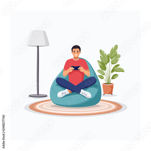 Man sitting on beanbag chair playing video game