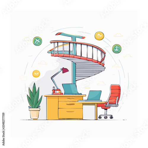 Modern office workspace with spiral staircase and desk