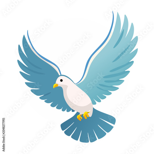 White dove with blue wings flying on transparent background
