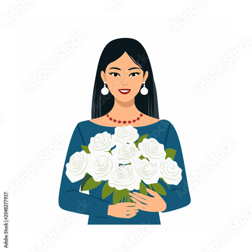 Woman holding a bouquet of white roses
