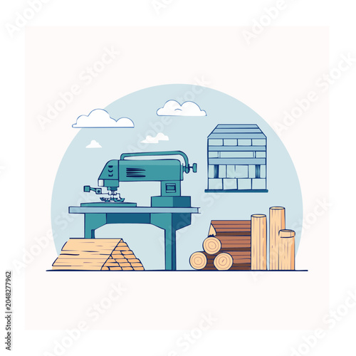 Woodworking machine with lumber and logs