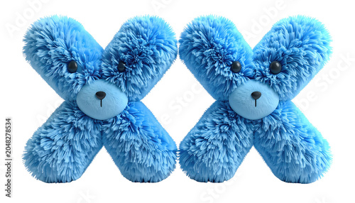 Two fluffy, azure creatures, shaped like the letter X, with small black eyes and noses, creating a whimsical scene