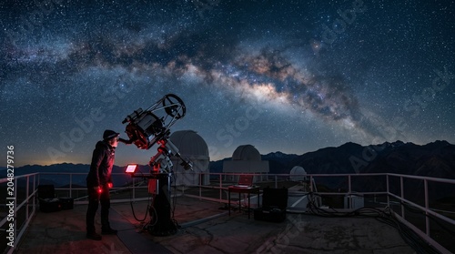 Female astronomer stargazing under a stunning Milky Way night sky on a mountain.