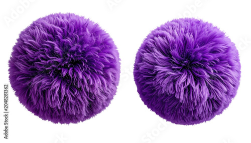 Two fluffy, spherical objects in shades of purple, resembling pompoms or soft textures against a stark black backdrop. Close up shot