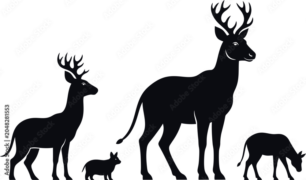 Naklejka premium Deer and Pig Silhouettes on White Background