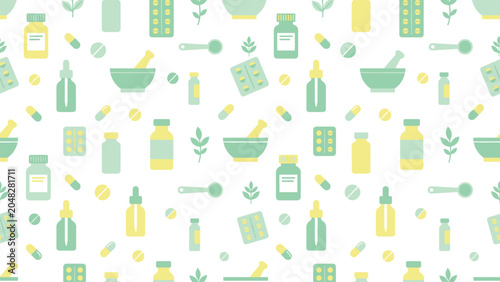 Canvastavla Vibrant green and yellow pattern featuring bottles, jars, cups, bowls, and kitchenware in a repeating design
