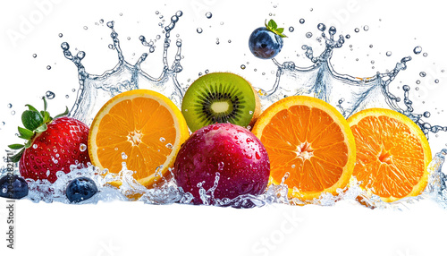 A vibrant composition featuring an assortment of sliced fruits with water splashing around, creating a refreshing visual