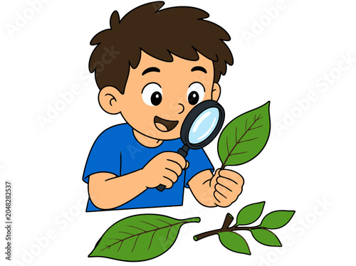 Boy Examines Leaf with Magnifying Glass for Science Education