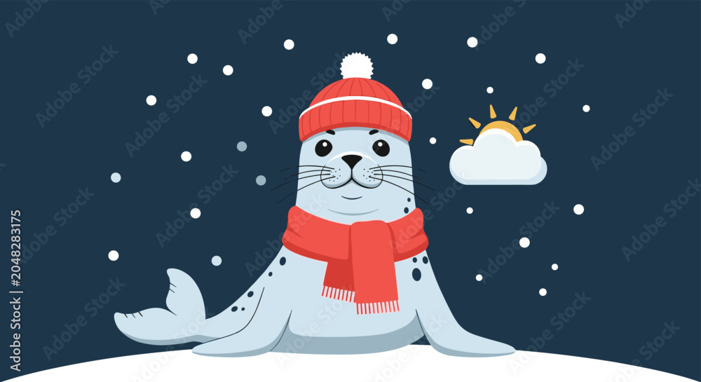 Naklejka premium Cute seal wearing a cozy red knit hat and matching scarf smiles while sitting on a snowy ground during a peaceful winter night.