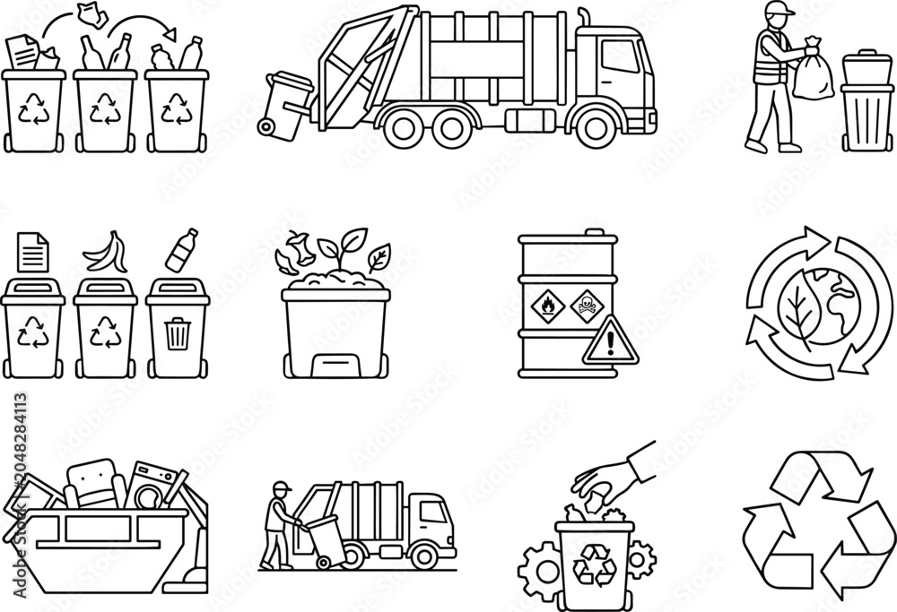 Fototapeta premium Waste management and recycling line art vector icon set featuring garbage trucks bins compost dumpster and environmental sustainability symbols.