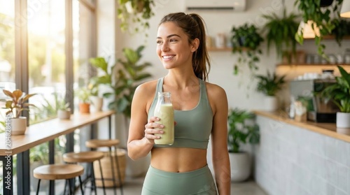 Smiling healthy young woman holding a green smoothie bottle in a cozy sunlit plant cafe.