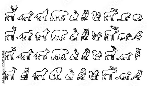 Canvas Print Small Animal Outline Collection Featuring Forest Wildlife Creatures for Educatio