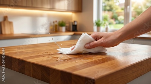 A close up hand wiping spilled water with a paper towel features a kitchen wooden countertop and blurred background