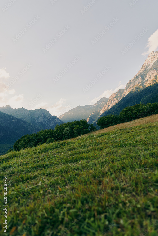 Naklejka premium Woman lifestyle concept with a person standing on a grassy hill, surrounded by lush greenery and mountains under a clear sky, peaceful outdoor scene.
