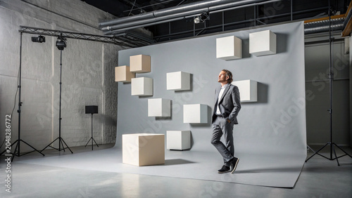 Businessman in a modern studio with floating cubes