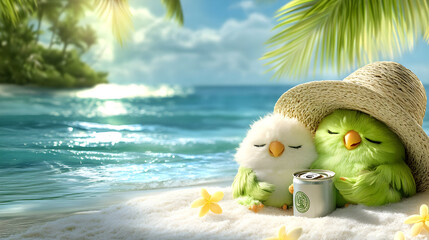 Realistic photo of a green and a white parrot jointly holding a beer can