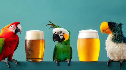 Realistic photo of a green and a white parrot jointly holding a beer can