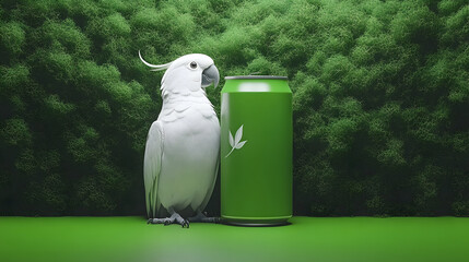 Realistic photo of a green and a white parrot jointly holding a beer can