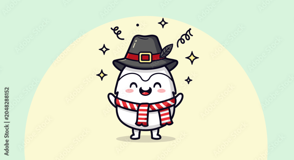 Naklejka premium Cheerful cartoon snowman wearing hat and scarf.