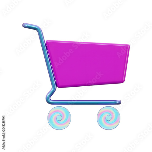3D Render of a Pink Shopping Cart with Iridescent Wheels