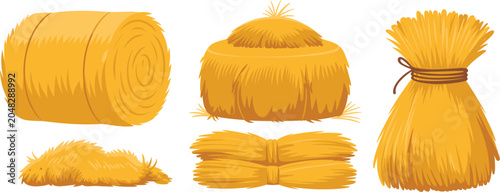 Foto Hay and straw collection set, agricultural harvest vector illustration isolated