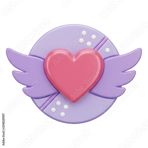 3D Rendered Pink Heart with Purple Wings and Circle Emblem