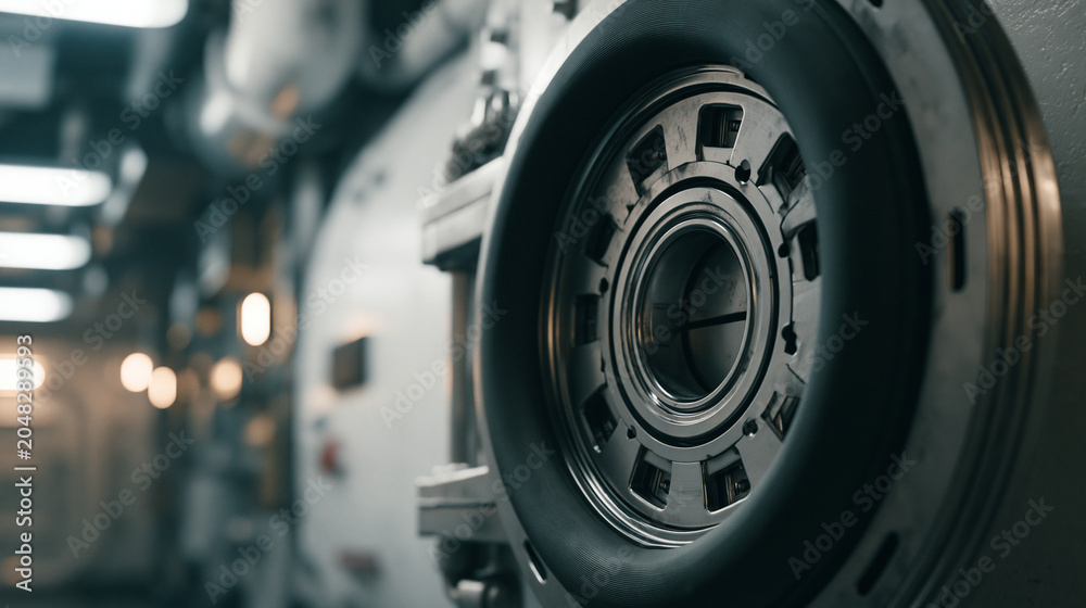 Fototapeta premium watertight. Extreme close-up of a submarine hatch's circular sealing mechanism. mobility guides, transit brochures, designed for mobility and urban transit guides, used by financial analysts.