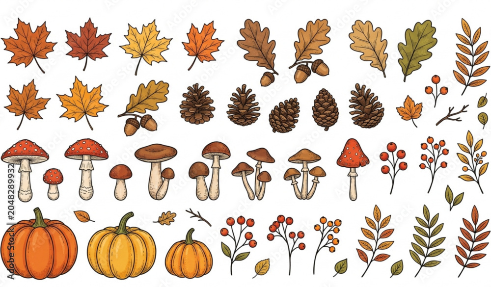 Fototapeta premium Hand Drawn Autumn Elements Vector Collection with Leaves Pumpkins and Forest Objects Set