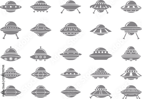 Fotografie Collection of various grey ufo flying saucer on white background