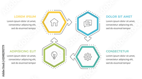 Infographic template featuring four hexagonal step for workflow diagram