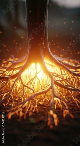 Glowing Tree Roots with Fiery Energy Emanating from the Ground.