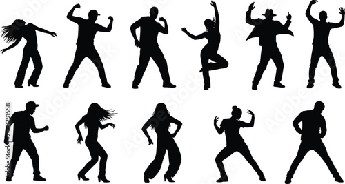 Billede på lærred Dance silhouettes, dynamic poses, black vector, expressive movement, dancer clip