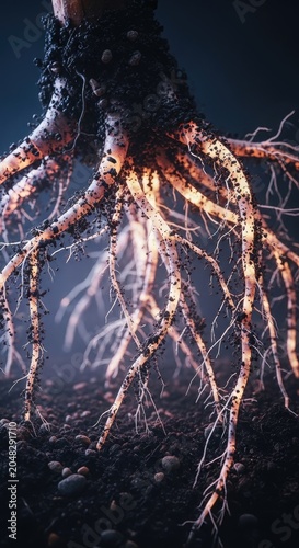 Intricate Network of Plant Roots Illuminated with Warm Light.