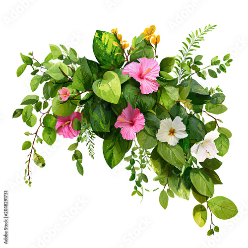 Exotic Tropical Plant Bush with Lush Green Leaves and Colorful Flowers for Nature Backgrounds and Botanical Designs